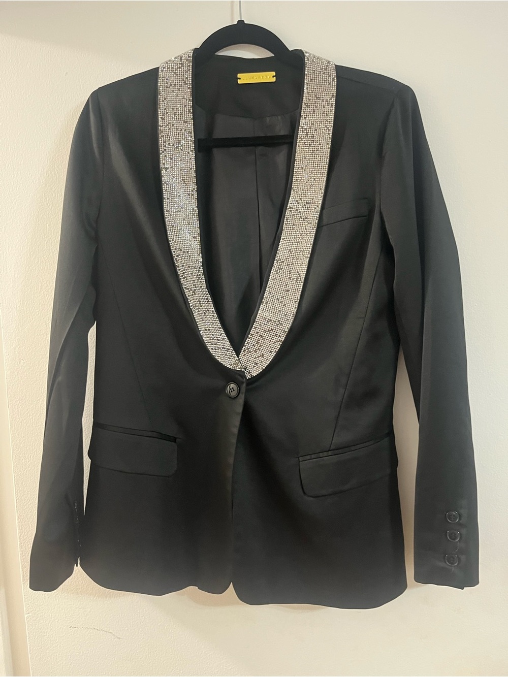 JLUXLABEL Black Blazer with Silver Embellished Shawl Lapel